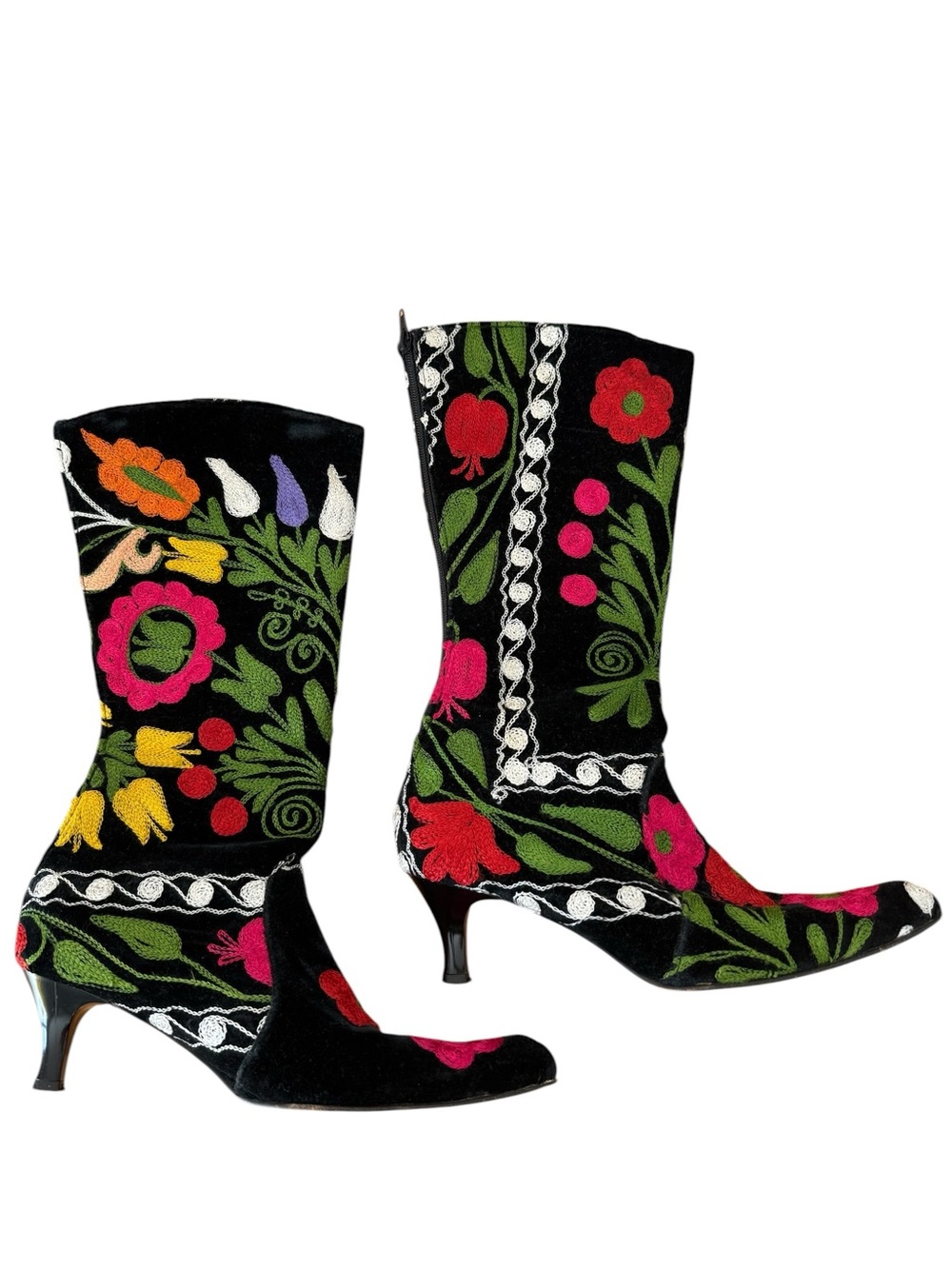 Leather Interior Felt Embroidered Suzani Floral Mid-Calf Boots Size US 6.5